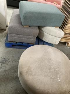 Lot 322  
            Chesterfield SR35 - Collection or Optional Delivery Available 

                
MIXED PALLET OF FURNITURE INCLUDING GREY CIRCULAR FABRIC FINISHED FOOT STOOL (LOC...