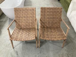 Lot 693  
            Chesterfield SR35 - Collection or Optional Delivery Available 

                
2 LEATHER STYLE/WOOD WOVEN DECK CHAIRS (LOCATION: SR35)