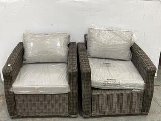 Lot 6  
            Chesterfield SR36 - Collection or Optional Delivery Available 

                
2 X RATTAN GARDEN ARM CHAIRS IN BROWN WITH GREY CUSHIONS (LOCATION: SR36 A6)