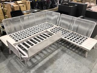 Lot 763  
            Chesterfield SR36 - Collection or Optional Delivery Available 

                
OUTDOOR WOODEN CORNER SOFA SET IN GREY ( NO CUSHIONS ) (LOCATION: SR36 B6)