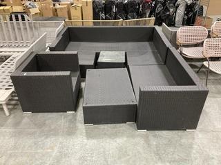 Lot 764  
            Chesterfield SR36 - Collection Only 

                
OUTDOOR RATTAN CORNER SET IN BLACK WITH GLASS TABLE (COLLECTION ONLY ) (LOCATION:...