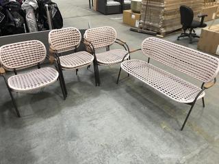 Lot 765  
            Chesterfield SR36 - Collection or Optional Delivery Available 

                
7 X RATTAN OUTDOOR CHAIRS AND BENCH IN WHITE AND PINK (LOCATION: SR36 B6)