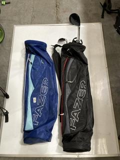 Lot 844  
            Chesterfield SR36 - Collection or Optional Delivery Available 

                
FAZER GOLF BAG IN BLUE TO INCLUDE FAZER GOLF BAG IN BLACK/GREY/RED WITH ASSORTED ...