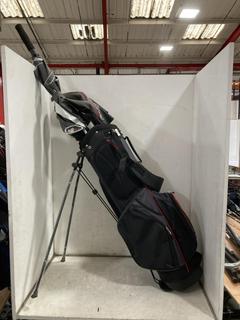 Lot 854  
            Chesterfield SR36 - Collection or Optional Delivery Available 

                
FAZER GOLF BAG IN BLACK/GREY/RED TO INCLUDE ASSORTED GOLF CLUBS (LOCATION: SR36 B6)