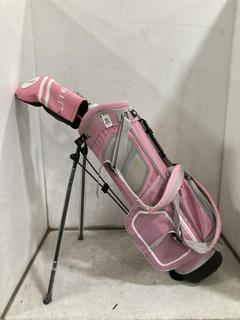 Lot 855  
            Chesterfield SR36 - Collection or Optional Delivery Available 

                
FAZER GOLF BAG IN PINK/LIGHT GREY TO INCLUDE ASSORTED GOLF CLUBS (LOCATION: SR36 B6)