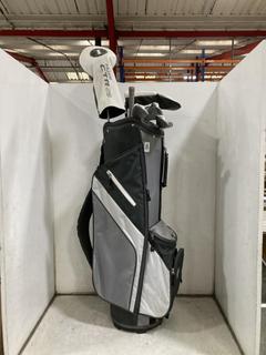 Lot 857  
            Chesterfield SR36 - Collection or Optional Delivery Available 

                
FAZER GOLF BAG IN LIGHT GREY/GREY/WHITE TO INCLUDE ASSORTED GOLF CLUBS (LOCATION:...