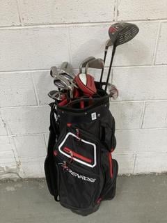 Lot 863  
            Chesterfield SR36 - Collection or Optional Delivery Available 

                
BENROSS GOLF BAG IN BLACK WITH RED AND WHITE ACCENTS TO INCLUDE ASSORTED GOLF CLU...