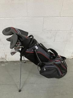 Lot 864  
            Chesterfield SR36 - Collection or Optional Delivery Available 

                
FAZER GOLF BAG IN BLACK/GREY/RED TO INCLUDE ASSORTED GOLF CLUBS (LOCATION: SR36 B...