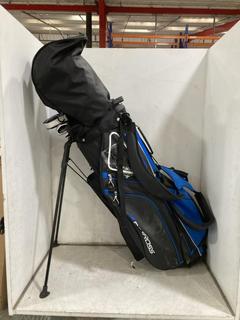 Lot 884  
            Chesterfield SR36 - Collection or Optional Delivery Available 

                
BEN ROSS GOLF BAG IN BLUE/BLACK/WHITE TO INCLUDE ASSORTED GOLF CLUBS (LOCATION: S...