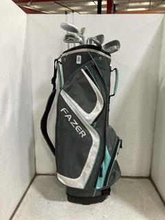 Lot 888  
            Chesterfield SR36 - Collection or Optional Delivery Available 

                
FAZER GOLF BAG IN GREY/WHITE/BLUE TO INCLUDE ASSORTED GOLF CLUBS (LOCATION: SR36 B6)