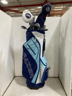 Lot 889  
            Chesterfield SR36 - Collection or Optional Delivery Available 

                
FAZER GOLF BAG IN LIGHT BLUE/BLUE AND WHITE TO INCLDUE ASSORTED GOLF CLUBS (LOCAT...