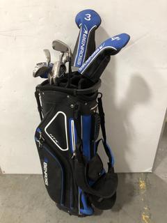 Lot 930  
            Chesterfield SR36 - Collection or Optional Delivery Available 

                
BEN ROSS HTX2 GOLF BAG IN BLACK/BLUE/WHITE WITH ASSORTED GOLF CLUBS (LOCATION: SR...