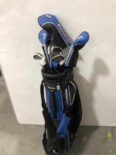Lot 933  
            Chesterfield SR36 - Collection or Optional Delivery Available 

                
BEN ROSS HTX2 GOLF BAG IN BLACK/BLUE/WHITE WITH ASSORTED GOLF CLUBS (LOCATION: SR...