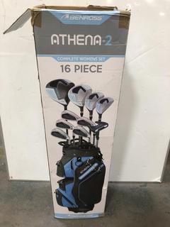 Lot 936  
            Chesterfield SR36 - Collection or Optional Delivery Available 

                
BOXED BEN ROSS ATHENA GOLF BAG IN BLACK/BLUE/WHITE TO INCLUDE ASSORTED GOLF CLUBS...