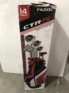 Lot 948  
            Chesterfield SR36 - Collection or Optional Delivery Available 

                
BOXED FAZER CTR25 GOLF BAG IN BLACK/RED/WHITE TO INCLUDE ASSORTED GOLF CLUBS(LOCA...