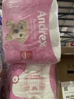 Lot 1006  
            Chesterfield SR45 - Parcel Delivery Only 

                
2 X ANDREX TOILET ROLLS TO INCLUDE 6X12 ANDREX FAMILY SOFT TOILET ROLLS (LOCATION...