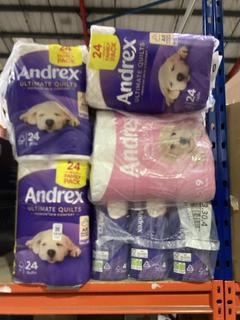 Lot 1010  
            Chesterfield SR45 - Parcel Delivery Only 

                
5 X ASSORTED TOILET ROLLS TO INCLUDE ANDREX ULTIMATE QUILTS 24 ROLLS (LOCATION: I8)