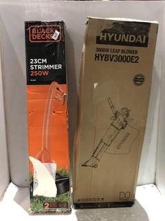 Lot 102  
            Chesterfield SR45 - Parcel Delivery Only 

                
BLACK+DECKER 23CM STRIMMER 250W +HYUNDAI 3000W LEAF BLOWER (LOCATION: L6)