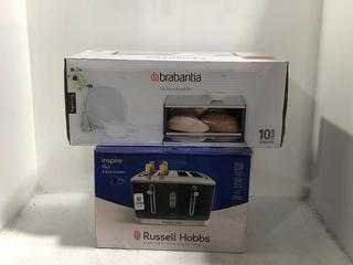 Lot 1050  
            Chesterfield SR45 - Parcel Delivery Only 

                
RUSSELL HOBBS INSPIRE BLACK 4-SLICE TOASTER & BRABANTIA FALL FRONT BREAD BIN (LOC...