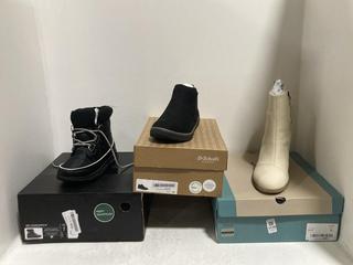 Lot 1130  
            Chesterfield SR45 - Parcel Delivery Only 

                
3 X ASSORTED FOOTWEAR TO INCLUDE SOREL EXPLORER CARNIVAL WP BLACK WOMENS UK SIZE ...