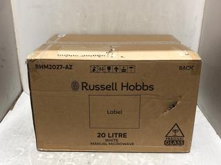 Lot 117  
            Chesterfield SR45 - Parcel Delivery Only 

                
RUSSELL HOBBS RHM2027-AZ 20 LITRE WHITE MANUAL MICROWAVE (LOCATION: T7)