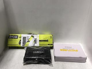 Lot 1320  
            Chesterfield SR45 - Parcel Delivery Only 

                
3 X ASSORTED TOOL ITEMS TO INCLUDE RYOBI SAWRAIL THREE PIECES (LOCATION: H10)