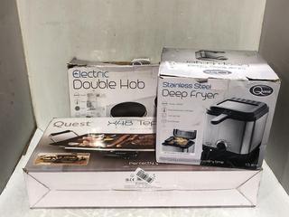 Lot 166  
            Chesterfield SR45 - Parcel Delivery Only 

                
3 X ASSORTED KITCHEN APPLIANCES TO INCLUDE QUEST ELECTRIC DOUBLE HOB (LOCATION: L10)