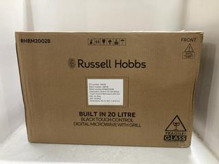 Lot 1687  
            Chesterfield SR45 - Parcel Delivery Only 

                
RUSSELL HOBBS BUILT IN 20 LITRE BLACK TOUCH CONTROL DIGITAL MICROWAVE ORIGINAL RR...