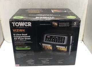 Lot 262  
            Chesterfield SR45 - Parcel Delivery Only 

                
TOWER VIZION 11 LITRE DUAL COMPARTMENT AIR FRYER OVEN RPP-£!£) (LOCATION: L15