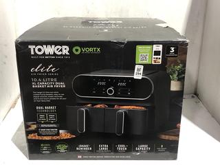 Lot 294  
            Chesterfield SR45 - Parcel Delivery Only 

                
TOWER VORTX ELITE AIR FRYER 10.4 LITRE XL CAPACITY DUAL BASKET AIR FRYER ORIGINAL...