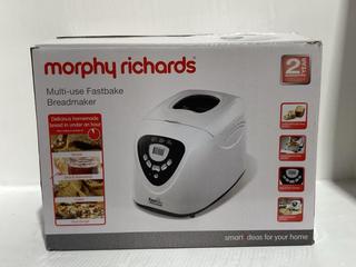 Lot 325  
            Chesterfield SR45 - Parcel Delivery Only 

                
MORPHY RICHARDS MULTI-USE FASTBAKE BREADMAKER (LOCATION: K2)