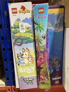 Lot 334  
            Chesterfield SR45 - Parcel Delivery Only 

                
3 X ASSORTED CHILDRENS LEGO SETS TO INCLUDE LEGO DUPLO 10459 BLUEYS FAMILY HOUSE ...