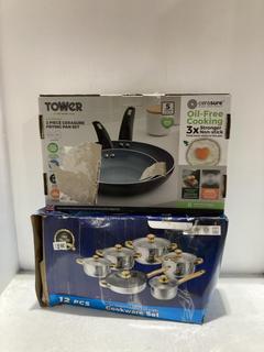 Lot 364  
            Chesterfield SR45 - Parcel Delivery Only 

                
12 PIECE STAINLESS STEEL COOKWARE SET AND CERASURE OIL-FREE COOKING 3X STRONGER N...