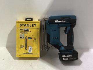 Lot 527  
            Chesterfield SR45 - Parcel Delivery Only 

                
STANLEY 12V 700A LITHIUM BOOSTER POWERBANK +MAKITA LITHIUM ION NAIL GUN (LOCATION...