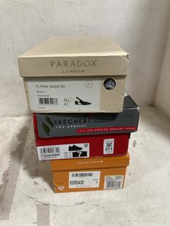 Lot 871  
            Chesterfield SR45 - Parcel Delivery Only 

                
3 X ASSORTED FOOTWEAR TO INCLUDE PARADOX LONDON FLYNN WIDE FIT BLACK SIZE EU 41 (...