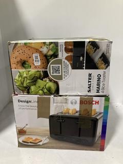 Lot 932  
            Chesterfield SR45 - Parcel Delivery Only 

                
BOSCH DESIGN LINE 4 SLICE TOASTER & SALTER HOTTOAST CONVENIENT DESIGN 4 SLICE TOA...