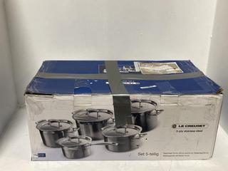 Lot 1356  
            Chesterfield SR44 - Parcel Delivery Only 

                
LE CREUSET 3-PLY STAINLESS STEEL 5-PIECE COOKWARE SET (LOCATION: H5)
