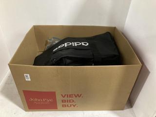 Lot 1551  
            Chesterfield SR44 - Parcel Delivery Only 

                
BOX OF ASSORTED BAG TO INCLUDE ADIDAS ZIP DUFFEL BAG IN BLACK (LOCATION: G2)
