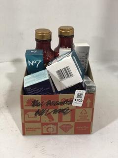 Lot 1702  
            Chesterfield SR44 - Parcel Delivery Only 

                
A BOX OF ASSORTED BEAUTY ITEMS TO INCLUDE NUMBER 7 PROTECT & PERFECT INTENSE SPF ...