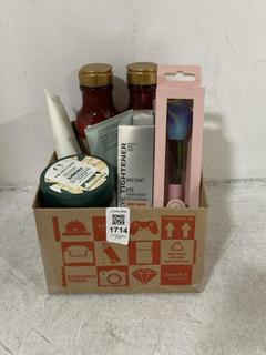 Lot 1714  
            Chesterfield SR44 - Parcel Delivery Only 

                
A BOX OF ASSORTED BEAUTY ITEMS TO INCLUDE THE BODY SHOP BODY YOGHURT ALMOND MILK ...