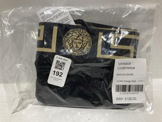 Lot 192  
            Chesterfield SR44 - Parcel Delivery Only 

                
VERSACE UNDERWEAR MEDUSA BRIEFS IN BLACK/GOLD - ORIGINAL RRP £100 (LOCATION: L7)
