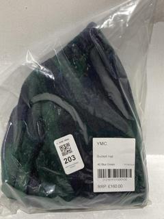 Lot 203  
            Chesterfield SR44 - Parcel Delivery Only 

                
YMC BUCKET HAT IN 40 BLUE GREEN ONE SIZE - ORIGINAL RRP £160 (LOCATION: L7)