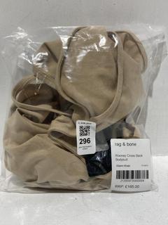 Lot 296  
            Chesterfield SR44 - Parcel Delivery Only 

                
RAG AND BONE ROONEY CROSS BLACK BODYSUIT IN WARM KHAKI SIZE XL - ORIGINAL RRP £16...