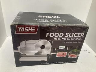 Lot 827  
            Chesterfield SR44 - Parcel Delivery Only 

                
YASHE SL-5230D23C FOOD SLICER (LOCATION: J3)
