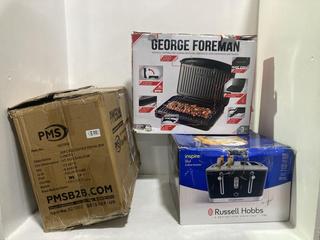 Lot 845  
            Chesterfield SR44 - Parcel Delivery Only 

                
3 X ASSORTED KITCHEN APPLIANCES TO INCLUDE RUSSELL HOBBS INSPIRE 4-SLICE TOASTER ...