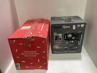Lot 852  
            Chesterfield SR44 - Parcel Delivery Only 

                
SWAN RETRO ESPRESSO COFFEE MACHINE IN BLACK TO INCLUDE BEKO CAFFE EXPERTO COFFEE ...