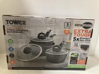 Lot 1038  
            Chesterfield SR47 - Parcel Delivery Only 

                
TOWER FORGED ALUMINIUM 3 PIECE CERASTONE SAUCEPAN SET (LOCATION: H9)