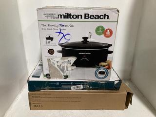 Lot 1103  
            Chesterfield SR47 - Parcel Delivery Only 

                
3 X ASSORTED APPLIANCES TO INCLUDE HAMILTON BEACH 6.5L BLACK SLOW COOKER. (LOCATI...