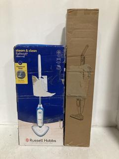 Lot 1104  
            Chesterfield SR47 - Parcel Delivery Only 

                
RUSSELL HOBBS STEAM & CLEAN LIGHTWEIGHT STEAM MOP TO INCLUDE 2 IN 1 STICK VACUUM....