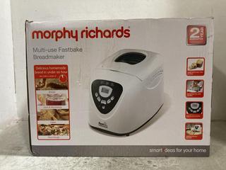 Lot 126  
            Chesterfield SR47 - Parcel Delivery Only 

                
MORPHY RICHARDS FASTBAKE MULTI USE BREADMAKER ORIGINAL RRP £99 (LOCATION: F3)
